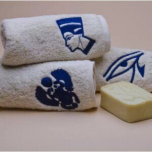 Egyptian organic cotton towels with pharaonic embroideries,+FREE SOAP SETS